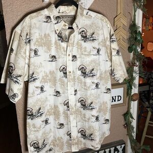 Bit & Bridle Outfitters Cream Button Down Shirt With Turkey Wildlife Medium